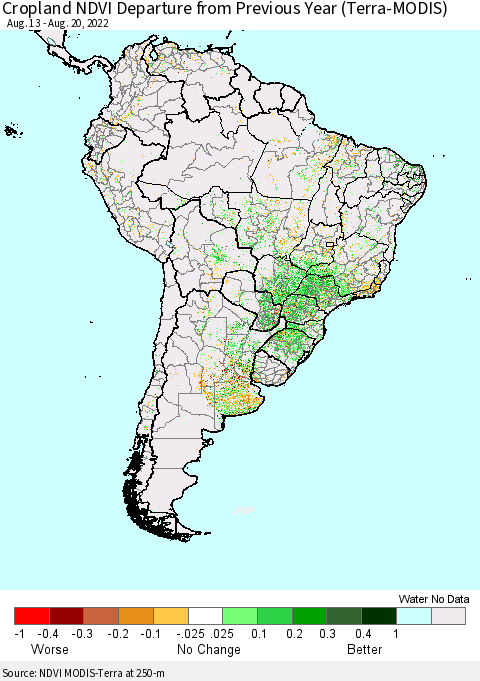 South America Cropland NDVI Departure from Previous Year (Terra-MODIS) Thematic Map For 8/13/2022 - 8/20/2022