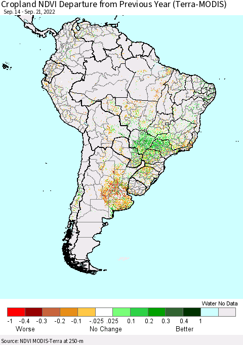 South America Cropland NDVI Departure from Previous Year (Terra-MODIS) Thematic Map For 9/14/2022 - 9/21/2022