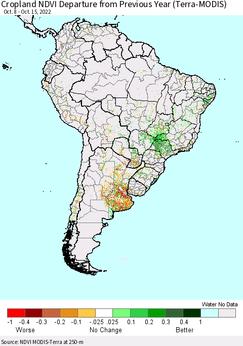 South America Cropland NDVI Departure from Previous Year (Terra-MODIS) Thematic Map For 10/8/2022 - 10/15/2022