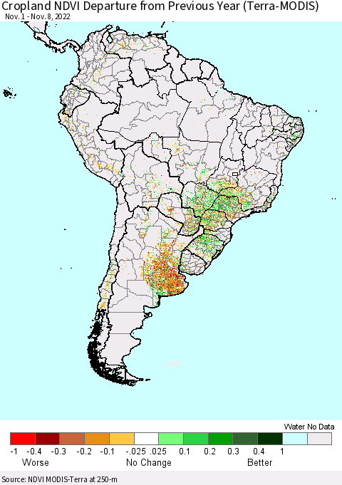 South America Cropland NDVI Departure from Previous Year (Terra-MODIS) Thematic Map For 11/1/2022 - 11/8/2022