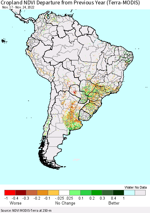South America Cropland NDVI Departure from Previous Year (Terra-MODIS) Thematic Map For 11/17/2022 - 11/24/2022
