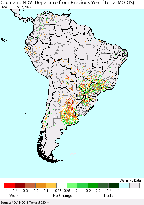 South America Cropland NDVI Departure from Previous Year (Terra-MODIS) Thematic Map For 11/25/2022 - 12/2/2022
