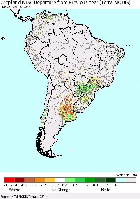 South America Cropland NDVI Departure from Previous Year (Terra-MODIS) Thematic Map For 12/3/2022 - 12/10/2022