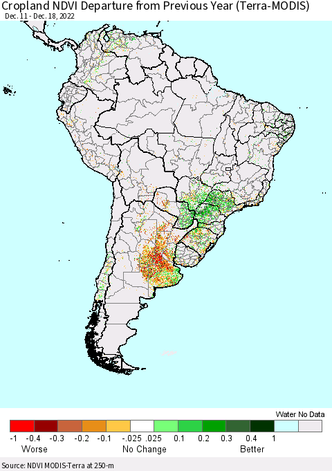South America Cropland NDVI Departure from Previous Year (Terra-MODIS) Thematic Map For 12/11/2022 - 12/18/2022