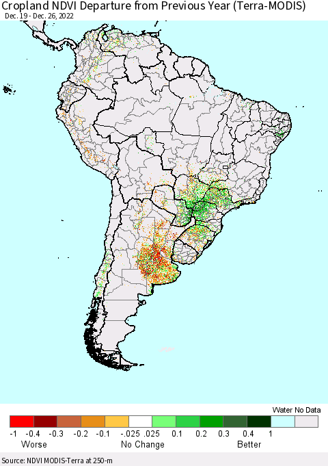 South America Cropland NDVI Departure from Previous Year (Terra-MODIS) Thematic Map For 12/19/2022 - 12/26/2022