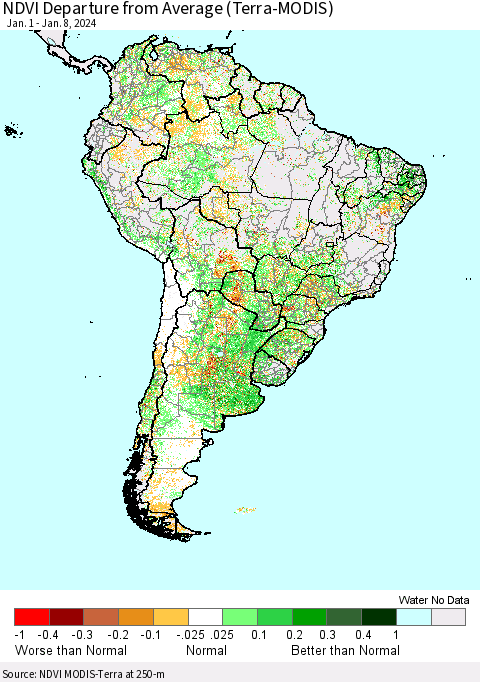 South America NDVI Departure from Average (Terra-MODIS) Thematic Map For 1/1/2024 - 1/8/2024
