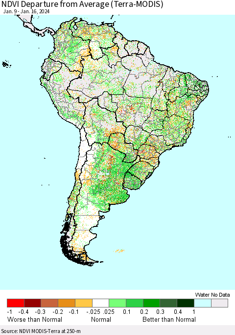 South America NDVI Departure from Average (Terra-MODIS) Thematic Map For 1/9/2024 - 1/16/2024