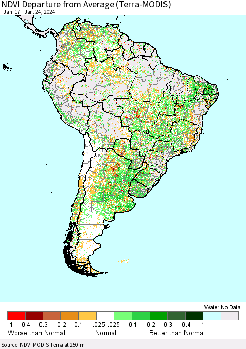 South America NDVI Departure from Average (Terra-MODIS) Thematic Map For 1/17/2024 - 1/24/2024