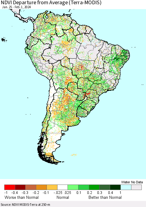 South America NDVI Departure from Average (Terra-MODIS) Thematic Map For 1/25/2024 - 2/1/2024