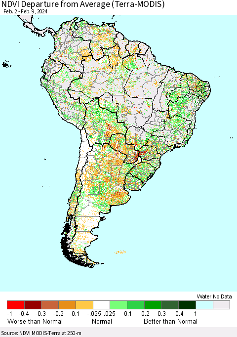 South America NDVI Departure from Average (Terra-MODIS) Thematic Map For 2/2/2024 - 2/9/2024