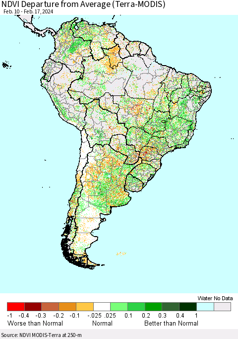 South America NDVI Departure from Average (Terra-MODIS) Thematic Map For 2/10/2024 - 2/17/2024