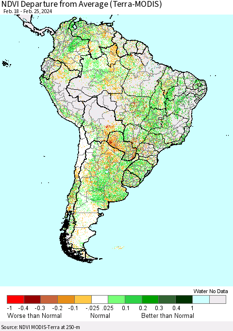 South America NDVI Departure from Average (Terra-MODIS) Thematic Map For 2/18/2024 - 2/25/2024