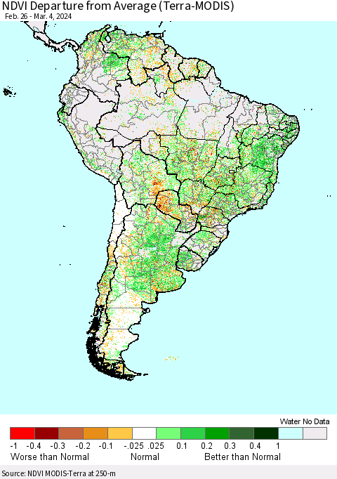 South America NDVI Departure from Average (Terra-MODIS) Thematic Map For 2/26/2024 - 3/4/2024