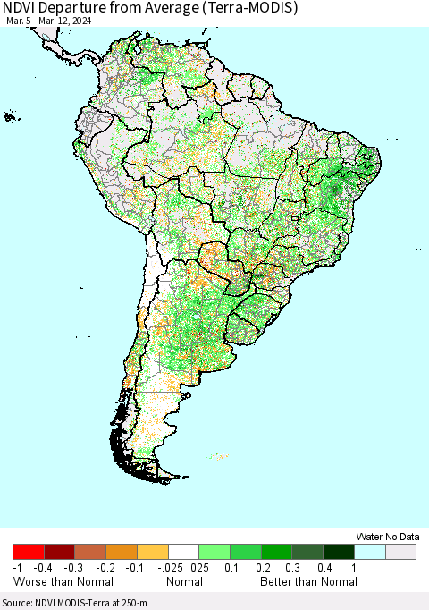 South America NDVI Departure from Average (Terra-MODIS) Thematic Map For 3/5/2024 - 3/12/2024