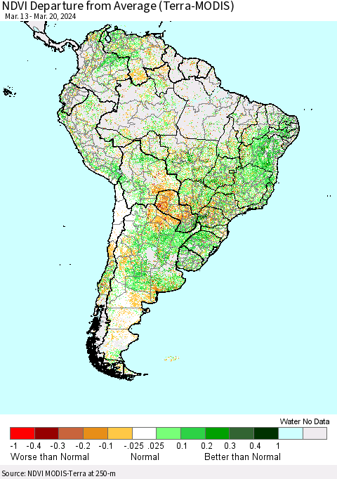 South America NDVI Departure from Average (Terra-MODIS) Thematic Map For 3/13/2024 - 3/20/2024