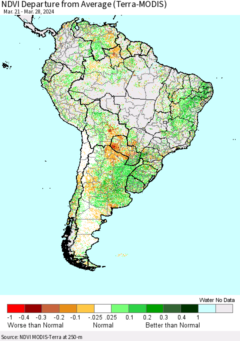 South America NDVI Departure from Average (Terra-MODIS) Thematic Map For 3/21/2024 - 3/28/2024