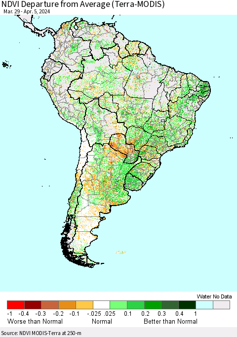 South America NDVI Departure from Average (Terra-MODIS) Thematic Map For 3/29/2024 - 4/5/2024