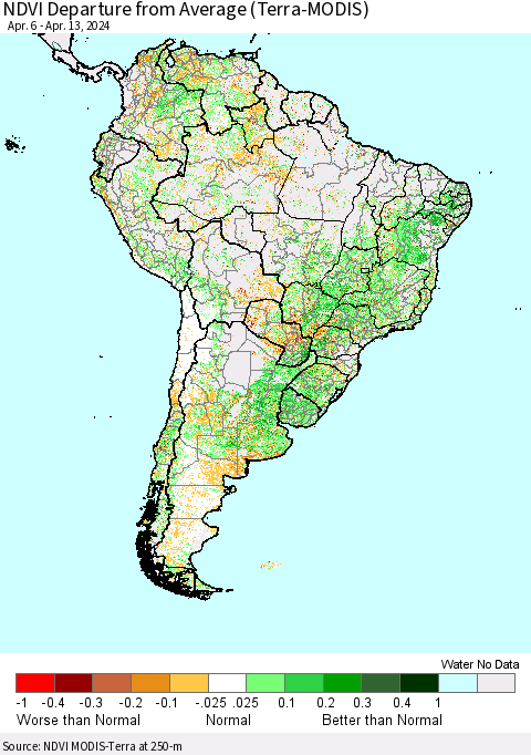 South America NDVI Departure from Average (Terra-MODIS) Thematic Map For 4/6/2024 - 4/13/2024