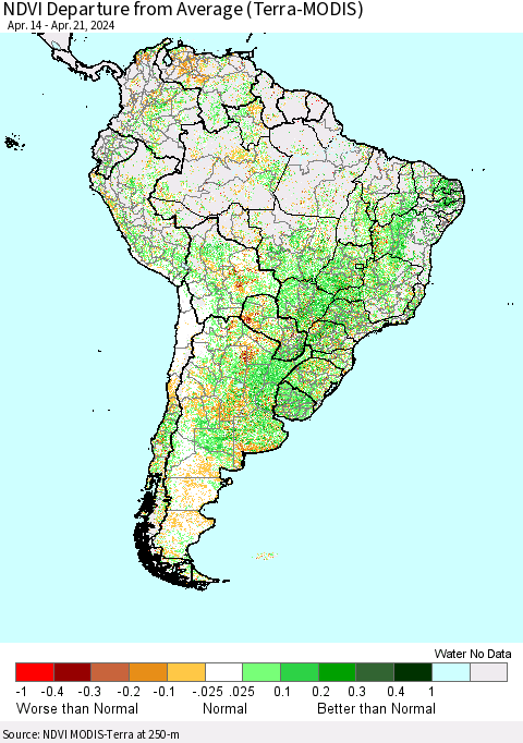 South America NDVI Departure from Average (Terra-MODIS) Thematic Map For 4/14/2024 - 4/21/2024