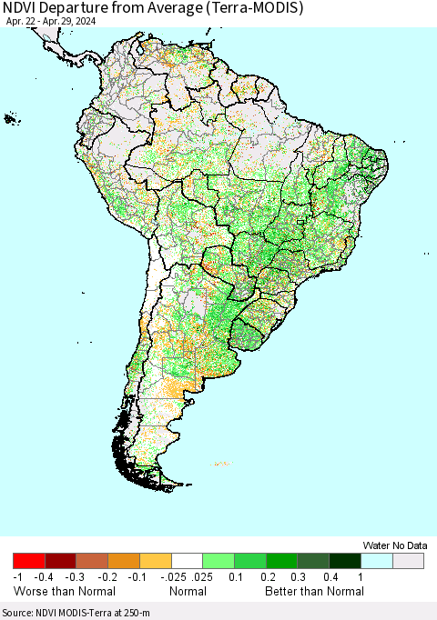 South America NDVI Departure from Average (Terra-MODIS) Thematic Map For 4/22/2024 - 4/29/2024