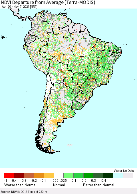 South America NDVI Departure from Average (Terra-MODIS) Thematic Map For 4/30/2024 - 5/7/2024