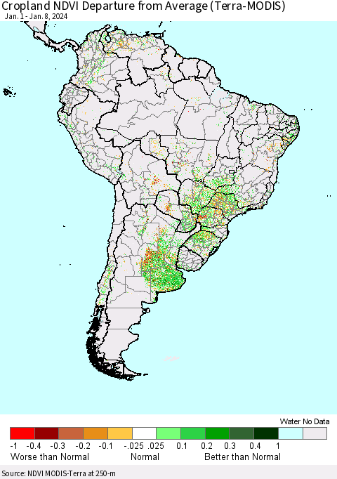 South America Cropland NDVI Departure from Average (Terra-MODIS) Thematic Map For 1/1/2024 - 1/8/2024