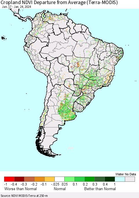 South America Cropland NDVI Departure from Average (Terra-MODIS) Thematic Map For 1/17/2024 - 1/24/2024