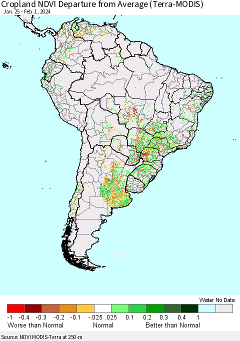 South America Cropland NDVI Departure from Average (Terra-MODIS) Thematic Map For 1/25/2024 - 2/1/2024