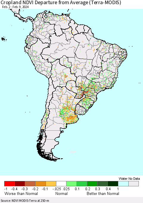 South America Cropland NDVI Departure from Average (Terra-MODIS) Thematic Map For 2/2/2024 - 2/9/2024
