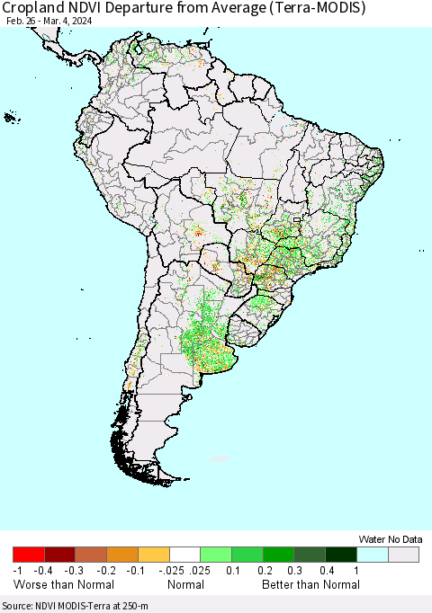 South America Cropland NDVI Departure from Average (Terra-MODIS) Thematic Map For 2/26/2024 - 3/4/2024