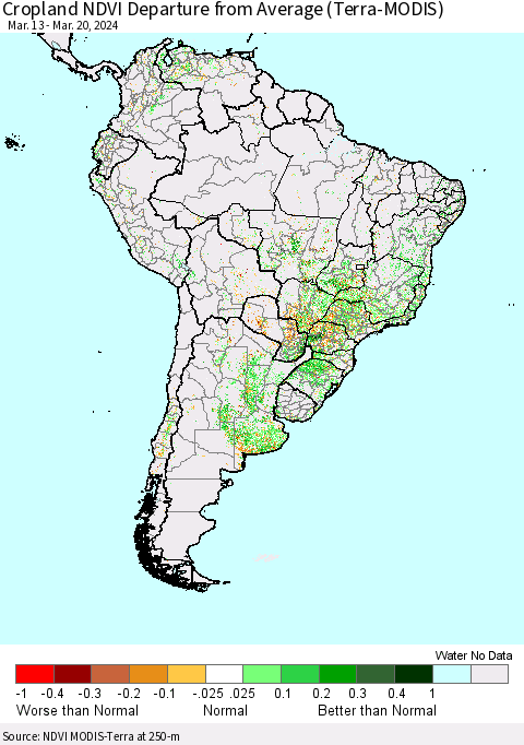 South America Cropland NDVI Departure from Average (Terra-MODIS) Thematic Map For 3/13/2024 - 3/20/2024