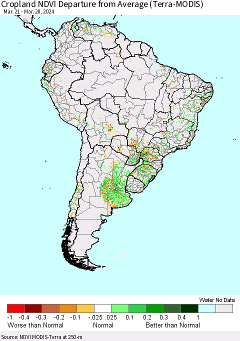 South America Cropland NDVI Departure from Average (Terra-MODIS) Thematic Map For 3/21/2024 - 3/28/2024