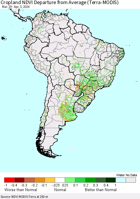 South America Cropland NDVI Departure from Average (Terra-MODIS) Thematic Map For 3/29/2024 - 4/5/2024