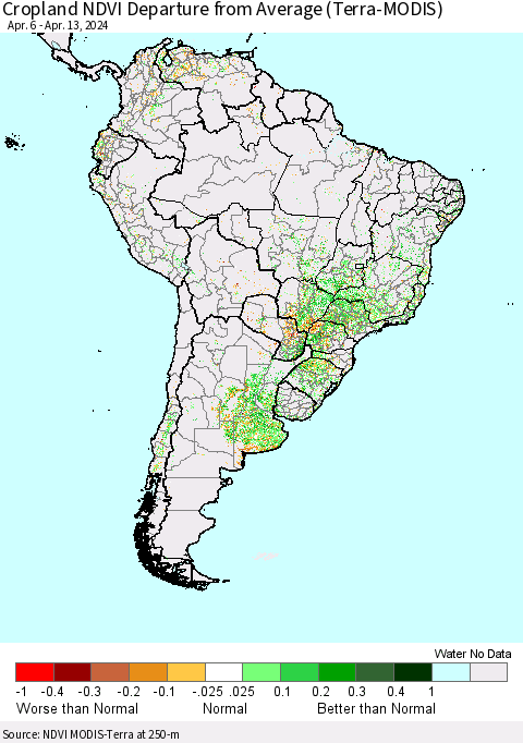 South America Cropland NDVI Departure from Average (Terra-MODIS) Thematic Map For 4/6/2024 - 4/13/2024