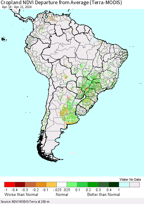 South America Cropland NDVI Departure from Average (Terra-MODIS) Thematic Map For 4/14/2024 - 4/21/2024