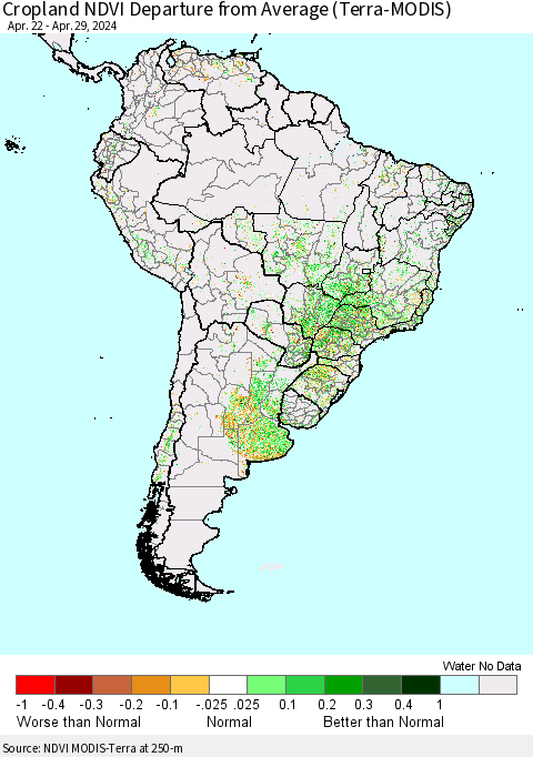 South America Cropland NDVI Departure from Average (Terra-MODIS) Thematic Map For 4/22/2024 - 4/29/2024