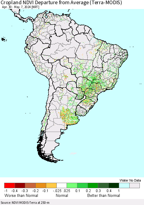 South America Cropland NDVI Departure from Average (Terra-MODIS) Thematic Map For 4/30/2024 - 5/7/2024