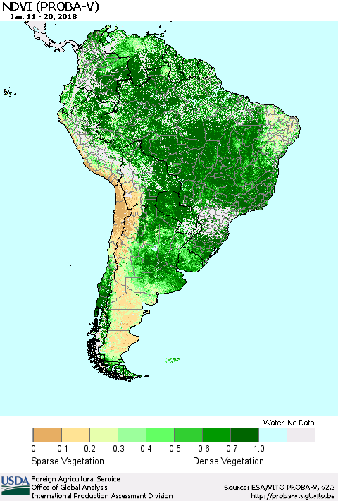 South America NDVI (PROBA-V) Thematic Map For 1/11/2018 - 1/20/2018