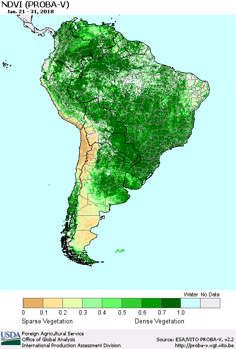 South America NDVI (PROBA-V) Thematic Map For 1/21/2018 - 1/31/2018