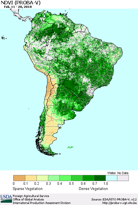 South America NDVI (PROBA-V) Thematic Map For 2/11/2018 - 2/20/2018