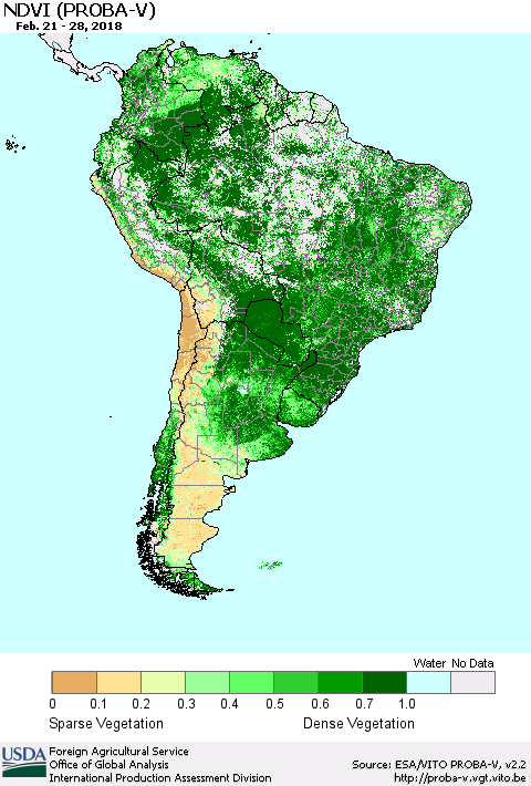 South America NDVI (PROBA-V) Thematic Map For 2/21/2018 - 2/28/2018