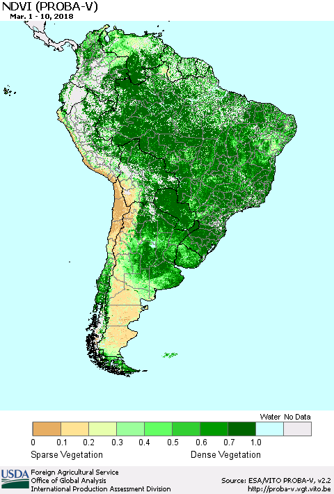 South America NDVI (PROBA-V) Thematic Map For 3/1/2018 - 3/10/2018
