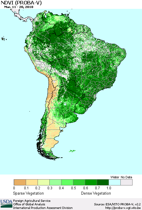 South America NDVI (PROBA-V) Thematic Map For 3/11/2018 - 3/20/2018