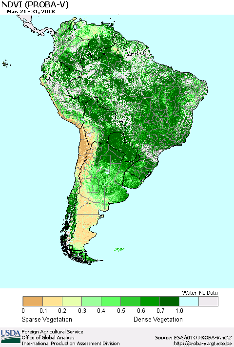 South America NDVI (PROBA-V) Thematic Map For 3/21/2018 - 3/31/2018