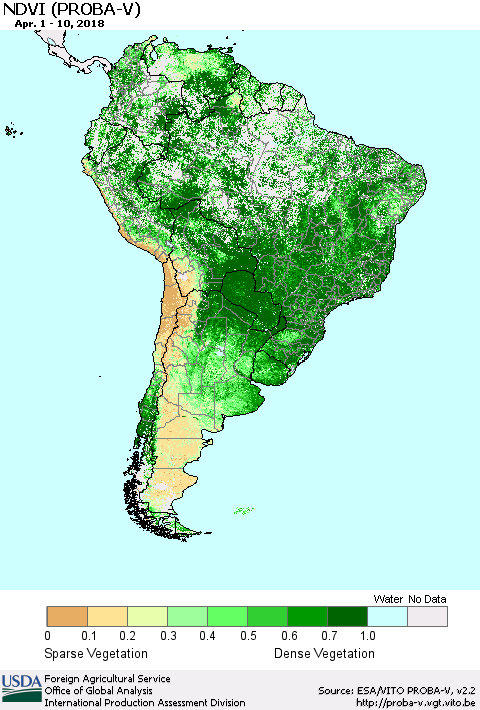 South America NDVI (PROBA-V) Thematic Map For 4/1/2018 - 4/10/2018