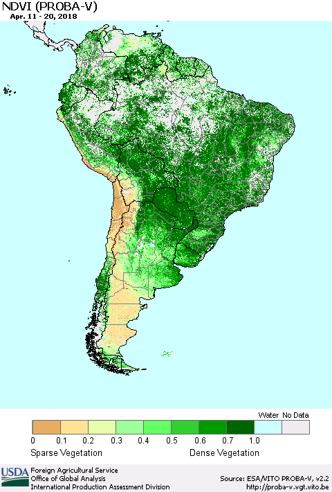 South America NDVI (PROBA-V) Thematic Map For 4/11/2018 - 4/20/2018