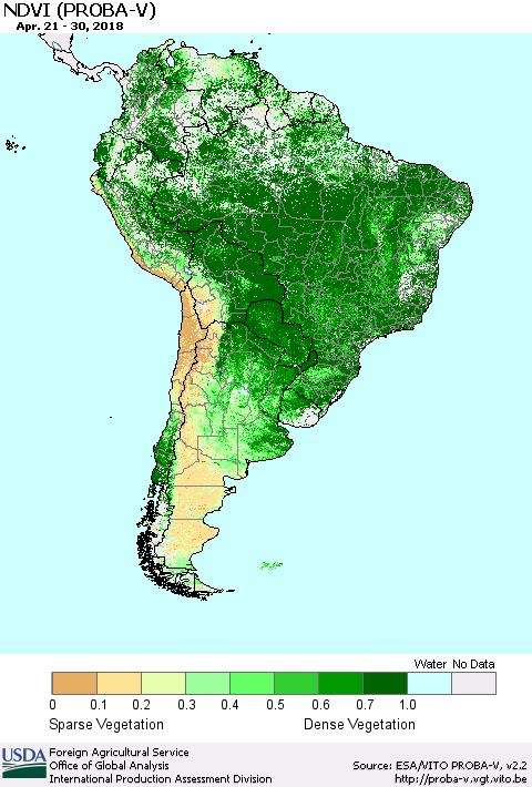 South America NDVI (PROBA-V) Thematic Map For 4/21/2018 - 4/30/2018
