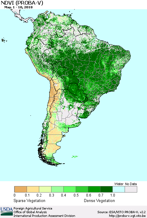 South America NDVI (PROBA-V) Thematic Map For 5/1/2018 - 5/10/2018