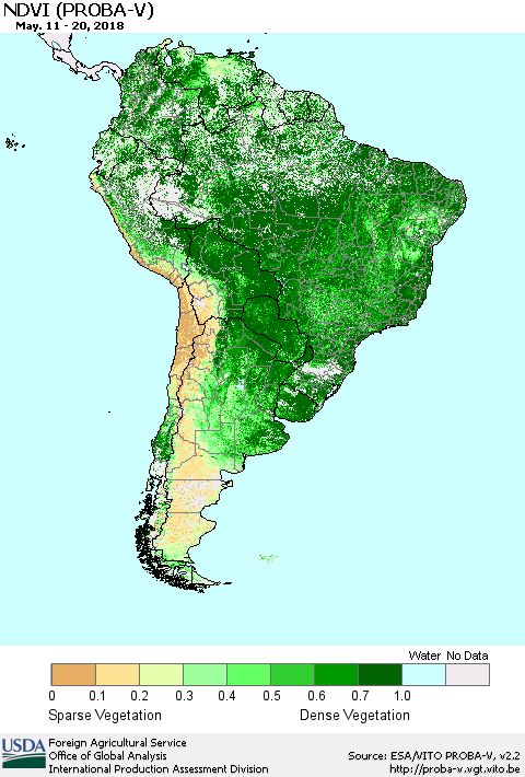 South America NDVI (PROBA-V) Thematic Map For 5/11/2018 - 5/20/2018