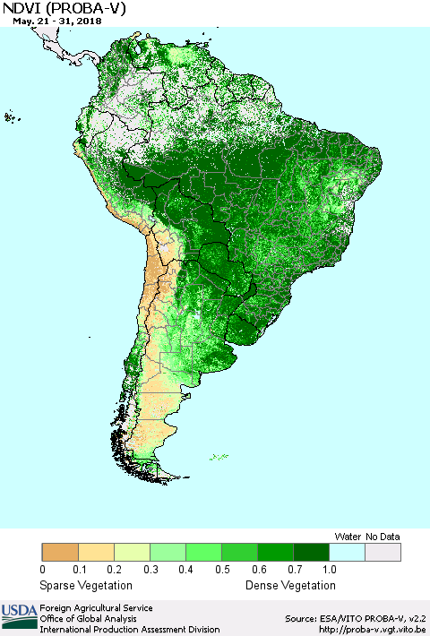 South America NDVI (PROBA-V) Thematic Map For 5/21/2018 - 5/31/2018